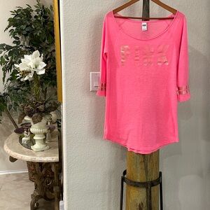 VS PINK Victoria's Secret Pink 3/4 Sleep Super Soft Shirt w gold foil SZ SP EUC